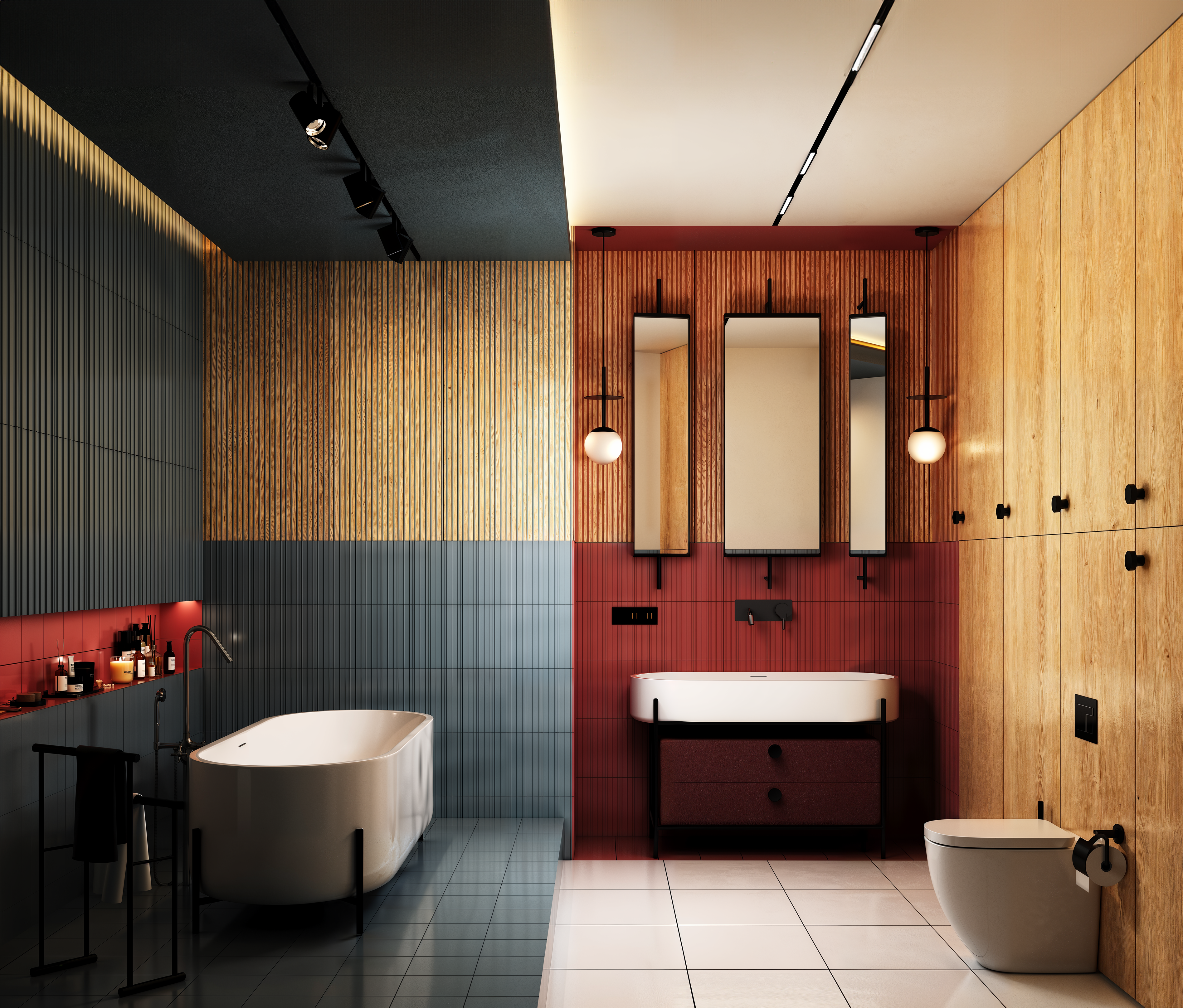 Projektowanie wnętrz – łazienka w stylu boho z drewnianą szafką i roślinami.