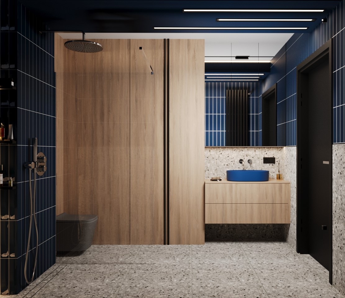 Projektowanie wnętrz – łazienka z połączeniem matowych i połyskujących płytek.